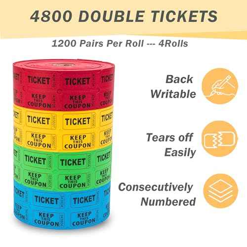4800 Double Raffle Tickets, 1200 Tickets Per Roll, Assorted 50/50 Raffle Tickets Roll for Events, Entry, Carnivals, and Door Prizes (Blue/Red/Green/Yellow)