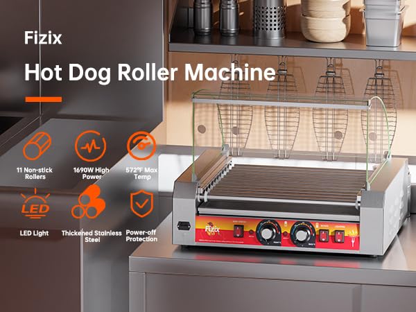 1670W Commercial Hot Dog Rollers,11 Rollers 30 Hotdog Roller Grill,Stainless Steel Hot Dog Machine with Dust Cover,Hot Dog Roller Machine with Dual Temp Control and Led Light (Red)
