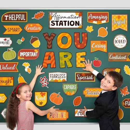 45 Pcs Fall Thanksgiving Affirmation Station Bulletin Board Set Autumn Motivational Posters Classroom Mirror Growth Mindset Decor Positive Accents Cutouts for School Office Home Teacher Wall