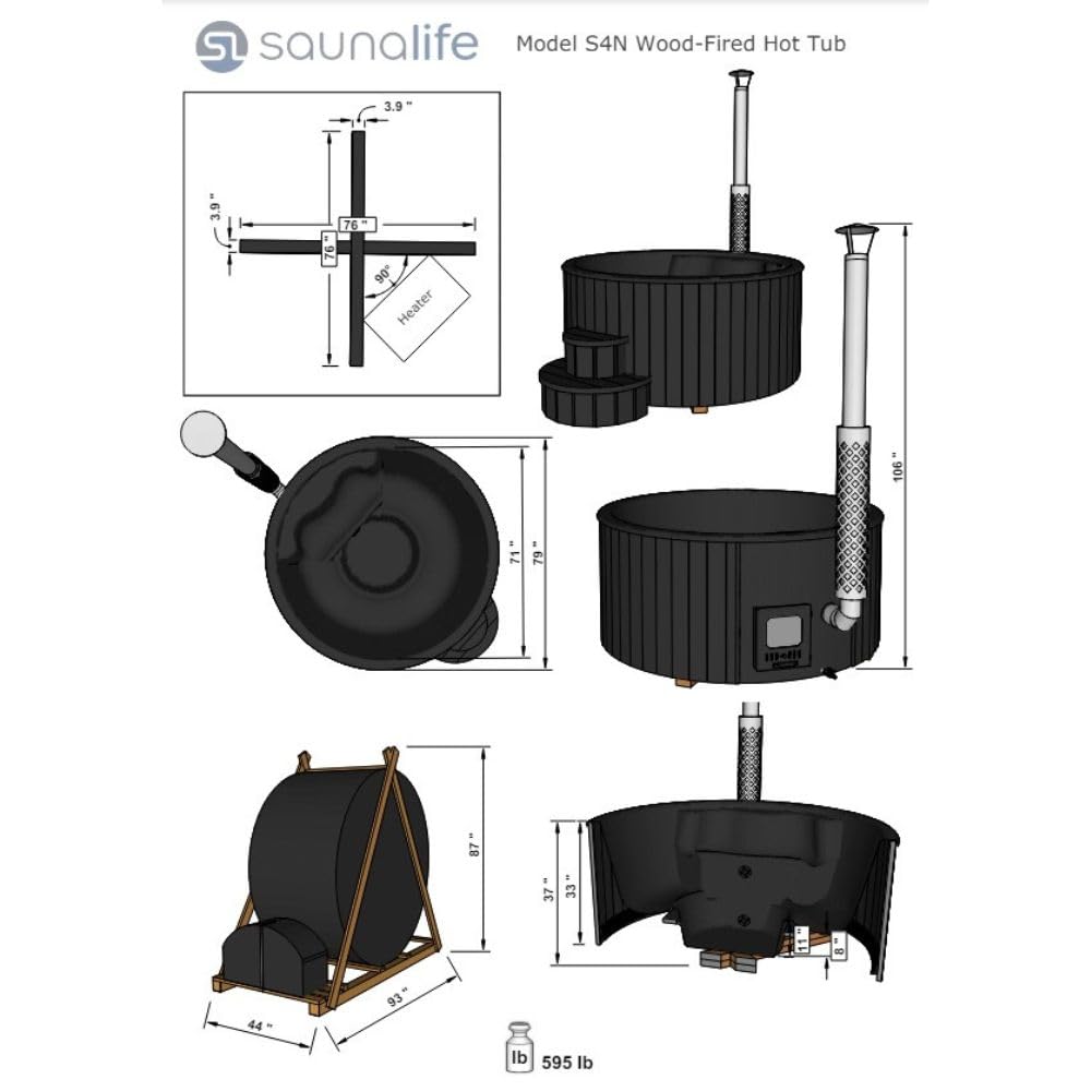 SaunaLife Model S4B Wood-Fired Hot Tub Soak-Series Home Wood-Burning Hot Tub, Black, Up to 6 Persons