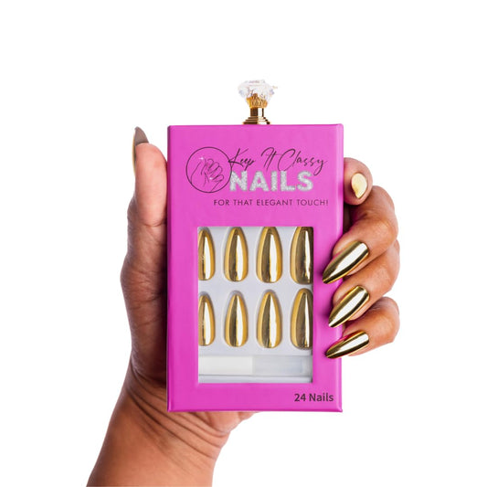Keep It Classy Chrome Gold, Press-On Nails Kit by Monyetta Shaw || Almond Medium || Reusable, Vegan, Non-Toxic, Easy Application || One 24 Nail Kit