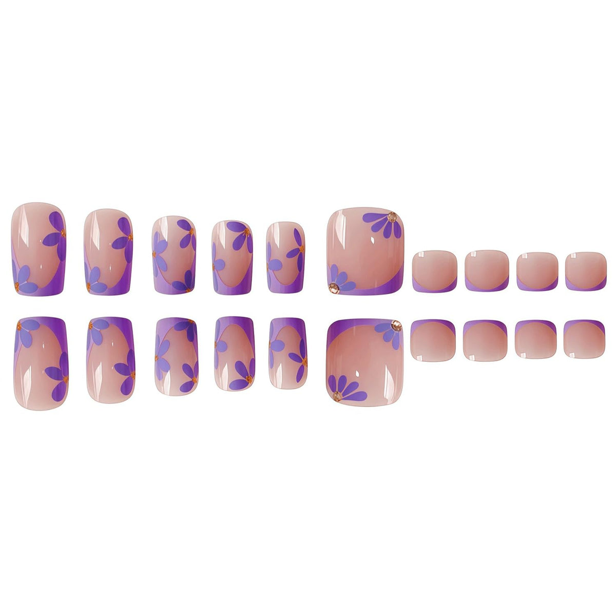 48 Pcs Purple French Tip Press On Nails Square & Press On Toenails Set Purple Flower Fake Nails Spring Floral Toe Nails Press Ons Glossy Full Cover Stick On Toe Nails For Women Gilrs Manicure