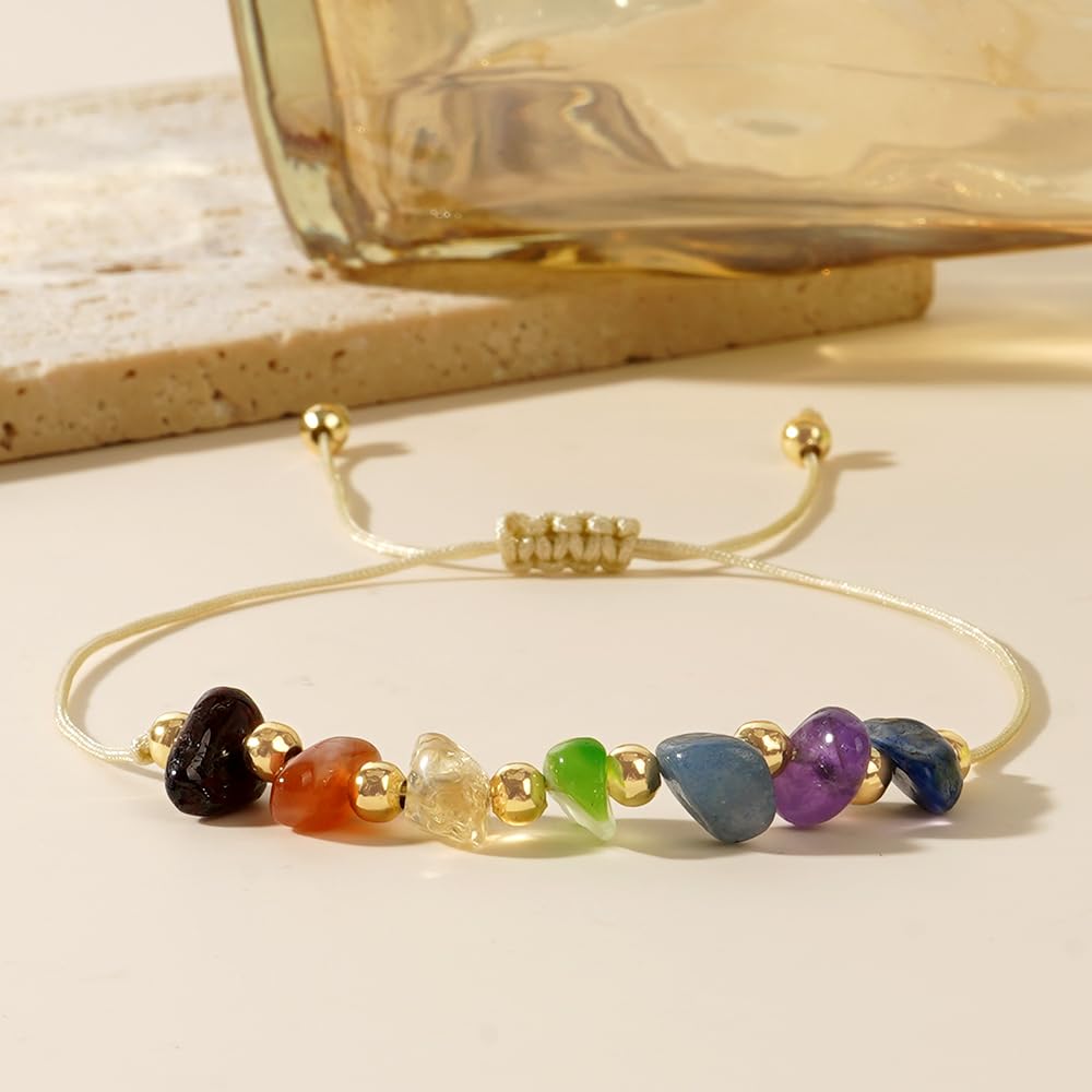 SHINUS BOHO Handmade Healing Colorful 7 Chakra Crystal Bracelets for Women,Gold Rainbow Quartz Beaded Gemstone Adjustable for Friendship Holiday Birthday Jewelry Gift.