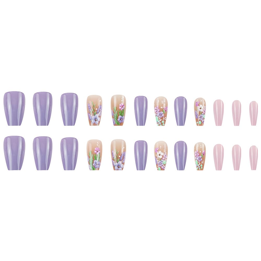 Spring Purple Floral French Press on Nails Medium Ballet Fake Nails 3D Floral False Nails with Purple and Pink Design Glossy Spring Stick on Nails for Women Girls Manicure Decoration 24 pcs