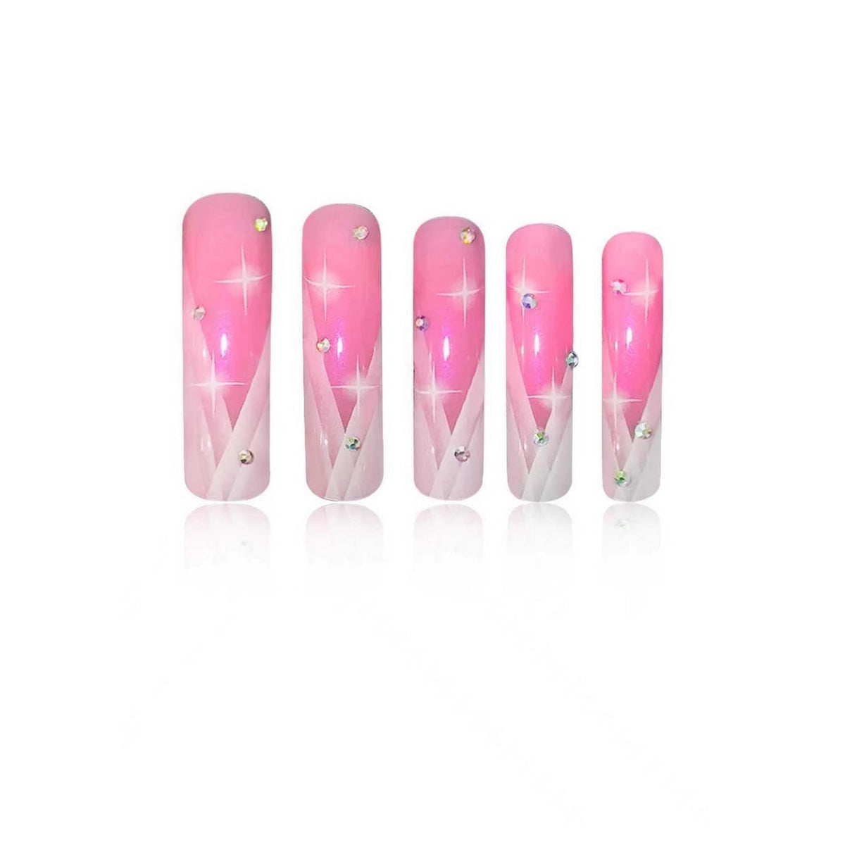 Curved Press on Nail Pink Fake Nails Glitter Acrylic Press ones with Rhinestones designs White French Tip False Nails Glossy Full Cover Cute Stick on Nail Gel Long Square Glue on Nails for Women