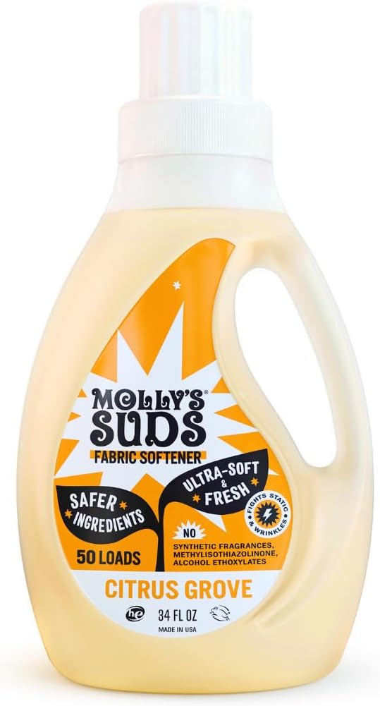 Mollyâs Suds Fabric Softener Liquid for Sensitive Skin | Vinegar-Powered, Infused with Essential Oils | Fights Static, Reduces Wrinkles, Deodorizes | Citrus Grove, 50 Loads