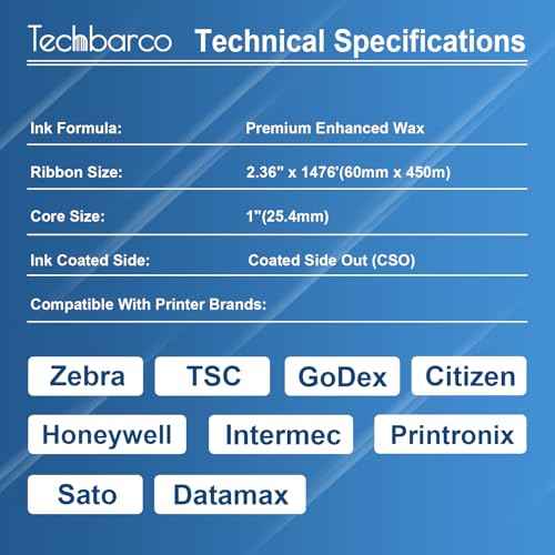 6 Rolls 2.36" x 1476' Premium Enhanced Wax Thermal Transfer Ribbon, 60mm x 450m Black Industrial Barcode Label Printer Ribbon - Compatible with Zebra, TSC, GoDex, Citizen, 1" Core