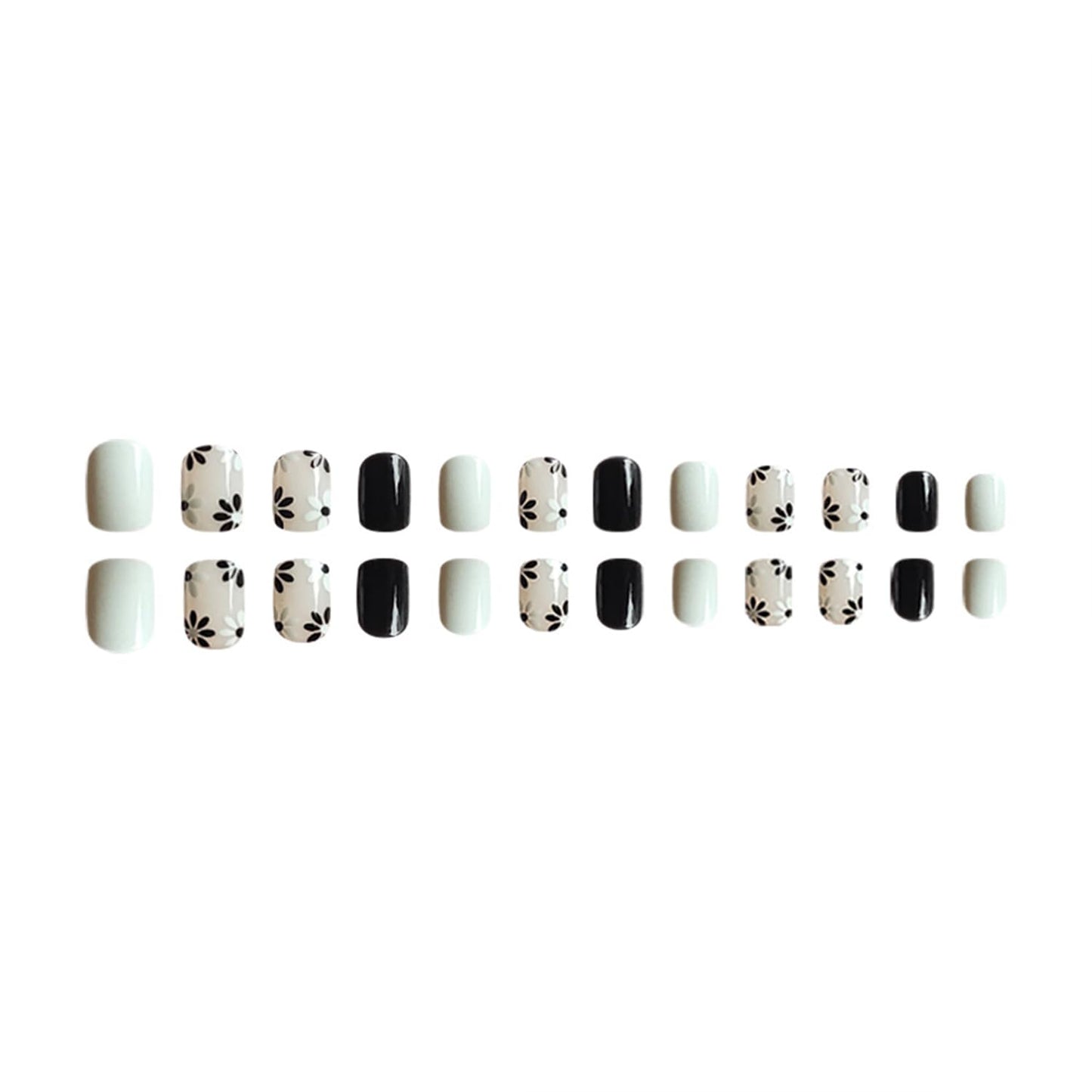 Tyuimhx Flowers Press on Nails Square Short Fake Nails White & Black Daisy Designs False Nails Glossy Full Cover Stick on Nails Acrylic Floral Artificial Nails for Women Girls Glue on Nails 24Pcs