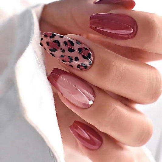 Red Press On Medium Coffin French Tip Leopard Print Glue Solid Color Acrylic Glossy Full Cover Stick On Nails 24Pcs