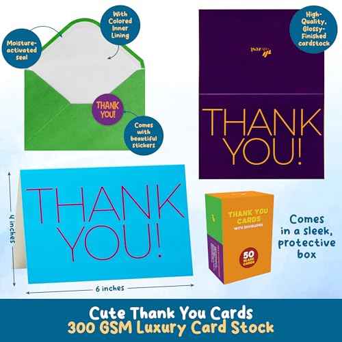 50 Pack Thank You Cards with Envelopes and Stickers, 4 x 6 Inch Blank Kids Thank You Notes | Appreciation Cards, Bulk Boxed Set for Students from Teachers, Birthdays, Small Business