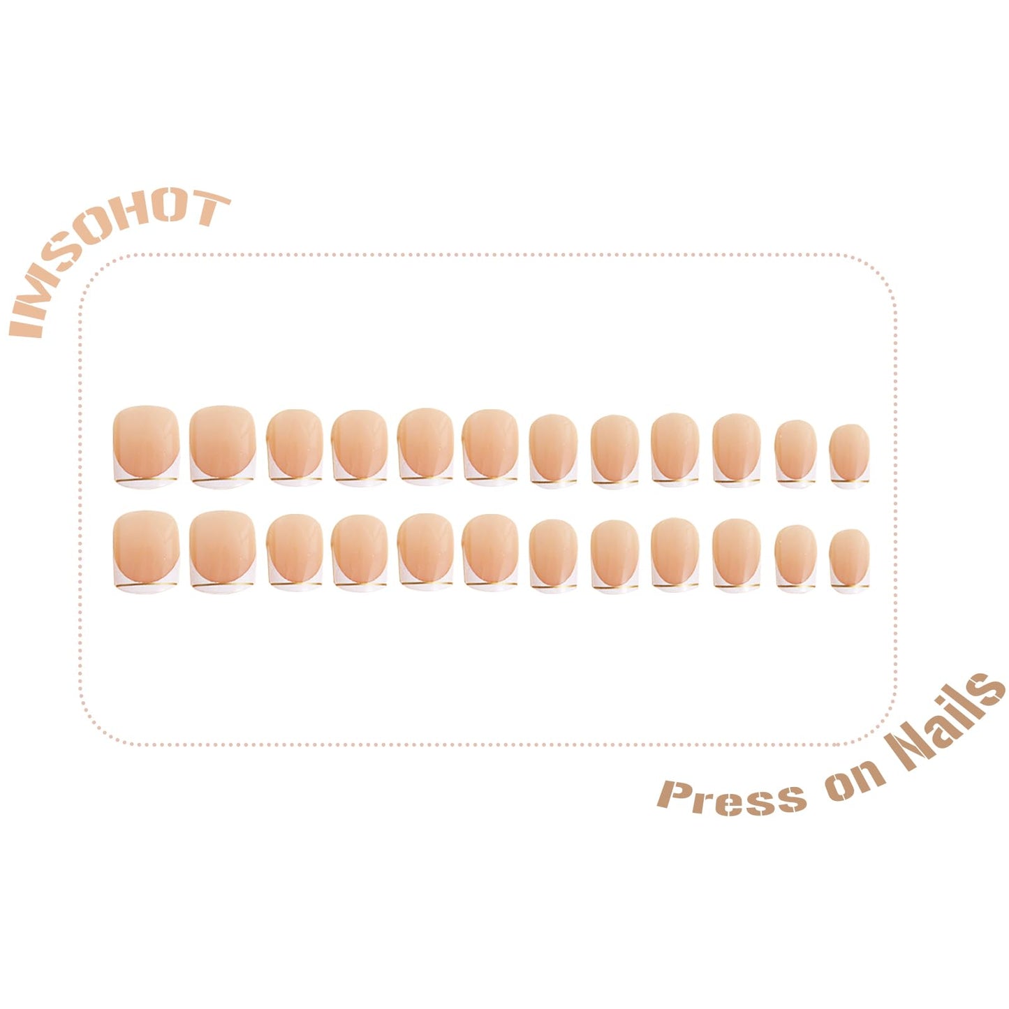 IMSOHOT Press On Nails - White French Tip | Golden Line Designs Short Square Fake Nails, Full Cover, Acrylic, Glossy, Nude False Nails | 12 Sizes - 24 Nail Kit