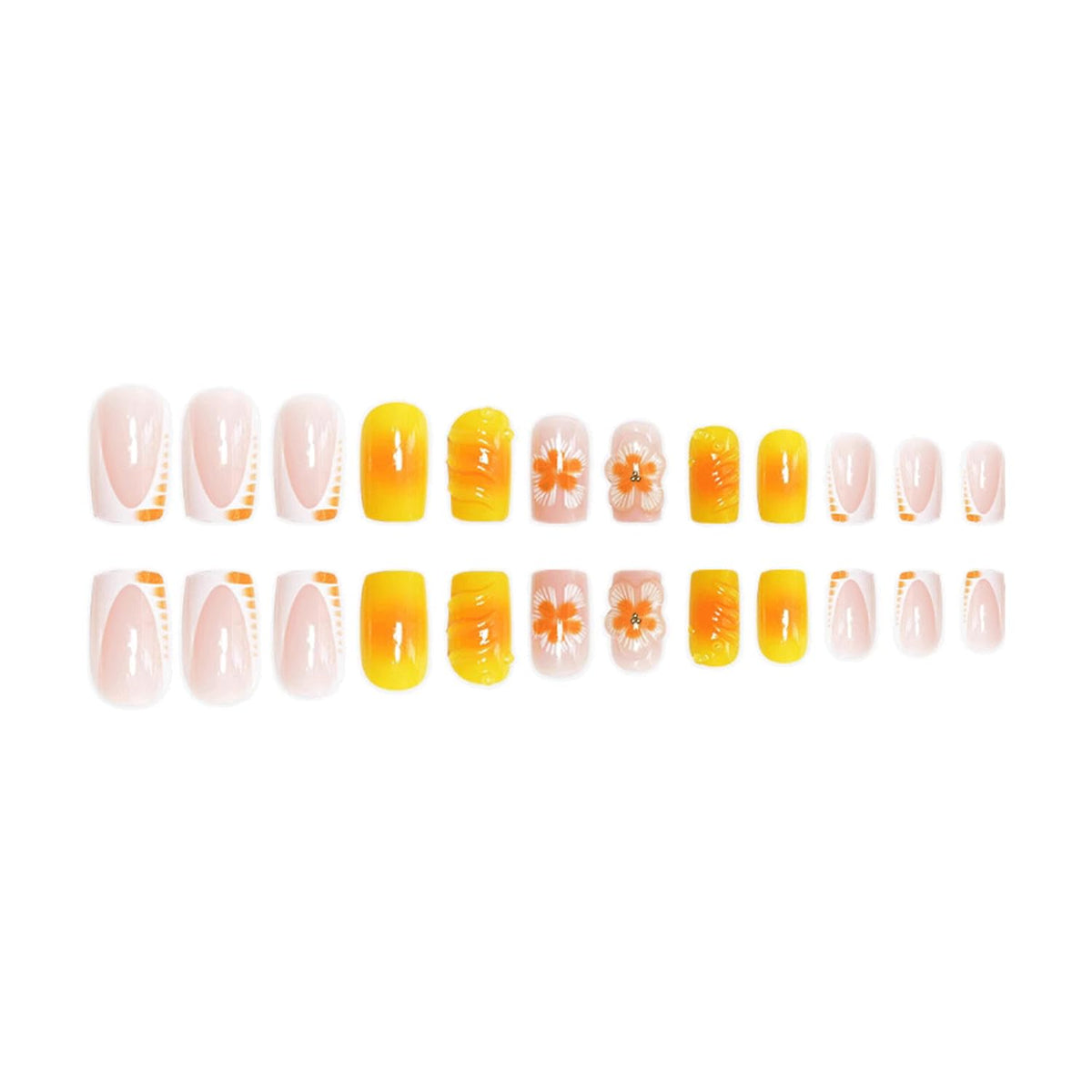 3D flower Press On Nails Short Square & Press On Toenails Set Yellow Fake Nails French Tip Acrylic Nails Kit Spring Nails Press Ons glossy Stick On Toenails For Women Girls Manicure 48 Pcs