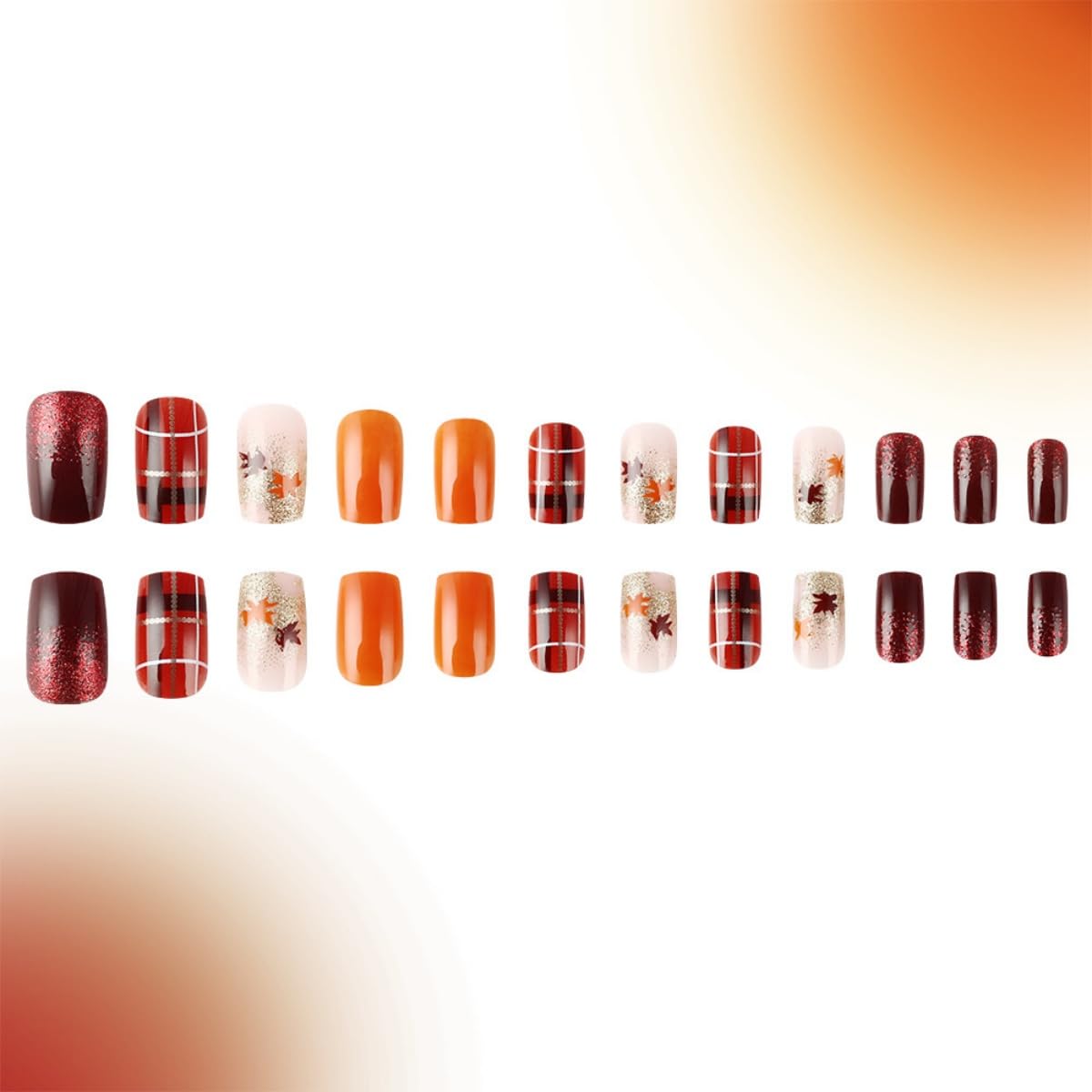 24Pcs Thanksgiving Press on nails Medium Square Fake Nails Maple Leaves Gold Line Design Stick on Nails Glitter False Nails Orange Full Cover Acrylic Glue on Nail for Women Nail Art Decoration