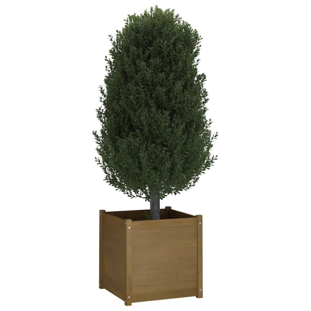 WXGTBKPR Square Garden Planter Box, 23.6-Inch Large Wooden Flower Bed for Outdoor Patio, Balcony, Backyard, Sturdy Solid Pine Wood Honey Brown Finish