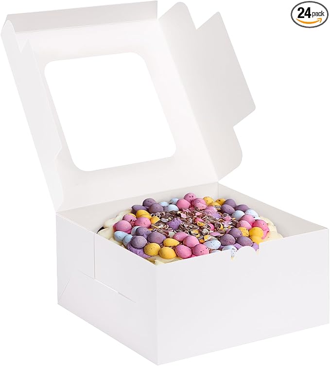Moretoes 24pcs Cake Boxes, 10x10x5 Inches White Square Bakery Boxes with Window Cajas Pasteles for Cake, Mother's Day, Pastries, Chocolates, Cookies, Pie, Birthday Party, Wedding