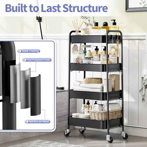 TOOLF 4-Tier Metal Rolling Cart with Wheels, Storage Utility Organizer Cart for Kitchen, Bathroom, Office, Baby Essentials & Makeup - Lockable Casters, Easy Assembly, Large Capacity, Black