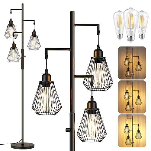 QiMH Industrial Floor Lamps for Living Room, Tree Standing Lamp with Stepless Dimmable, 68" Modern Tall Lamps for Bedroom Study Home Office, Rotary Switch, 3 LED Bulb Included, Black