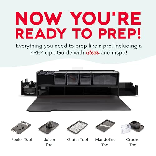 Prepdeck Gen 2 Recipe Prep & Storage Station - 8 Essential Tools + Deluxe Cutting Board, 14 Plastic Containers + Super-Seal Lids, Removable Trash Compartments, Tablet Stand Included - Midnight Black