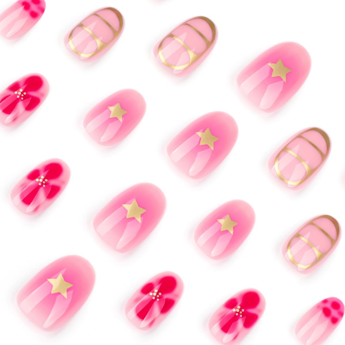 Gold Press on Nails Short Oval Fake Nails with Gold Lines Design Stick on Nails Star Pink Flower False Nails Handmade Full Cover Acrylic Glue on Nail for Women Girl Nail Art Decoration 24Pcs
