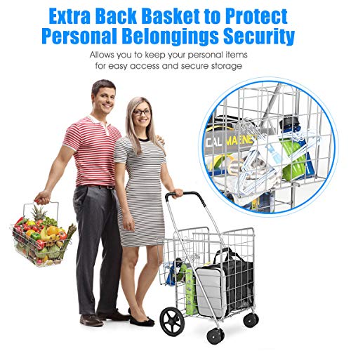 Nightcore Folding Shopping Cart, Large Grocery Utility Cart with Swiveling Wheels & Dual Storage Baskets, Light Weight Trolley with Portable Handle, Ideal for Laundry Book Luggage Travel (Silver)