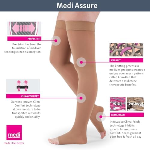 medi Assure 20-30 mmHg Thigh High Compression Stockings with Silicone Top Band – Open Toe Leg Circulation, Stockings for Women, Semi-Opaque Leg Support Compression Hosiery , Small-Petite, Beige