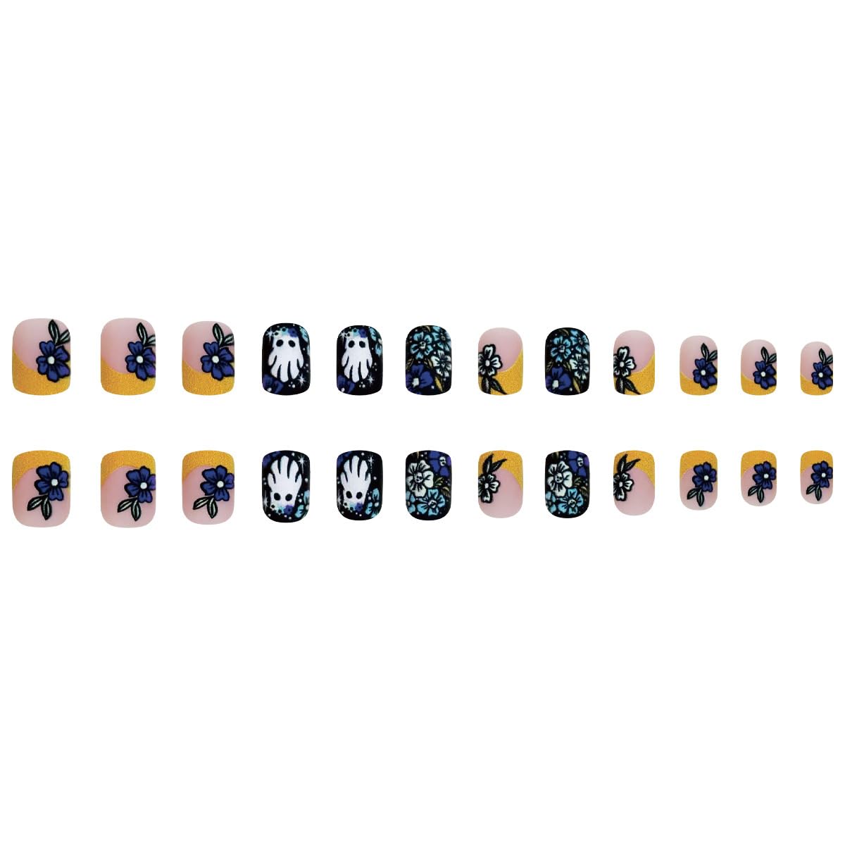 24 Pcs Halloween Press on Nails Short Square Cute Ghost Fake Nails with Skull Flower Designs Orange French Tip Glue on Nails Matte Full Cover Acrylic Nail for Women DIY Halloween Manicure