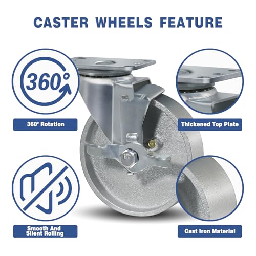 5" Caster Wheels Heavy Duty 2000 lbs£¬Swivel Casters Set of 4, Industrial Plate Casters, Semi Steel Cast Iron Wheels for Furniture,Workbench (2 Swivel & 2 Brakes)