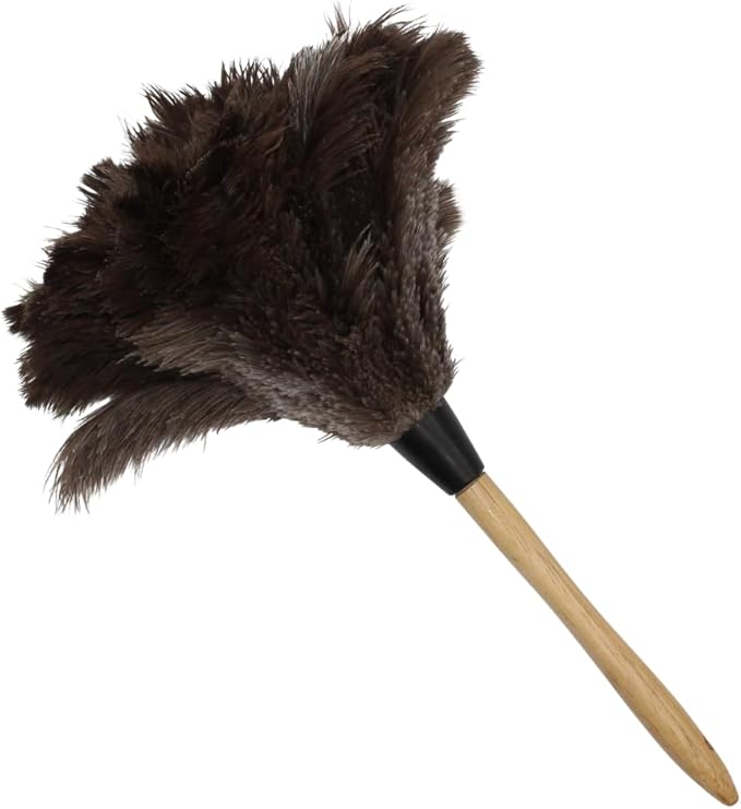 Ostrich Feather Duster with Wooden Handle 14" â Natural Reusable Feather Duster for Cleaning, Furniture & Shelves, Blinds, Ceiling Fan, Dusting Tool for Home, Office, Delicate Surfaces - 1 Pack
