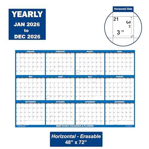 48" x 72" SwiftGlimpse 2026 Wall Calendar Erasable HUGE Jumbo Wet & Dry Erase Laminated 12 Month Annual Yearly Wall Planner, Horizontal, Navy