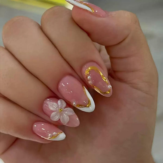 Medium Press on Nails Almond - White French Tip Fake Nails with Flower Design - Gold Stripes False Nails Press ons - for Women 24 Pcs