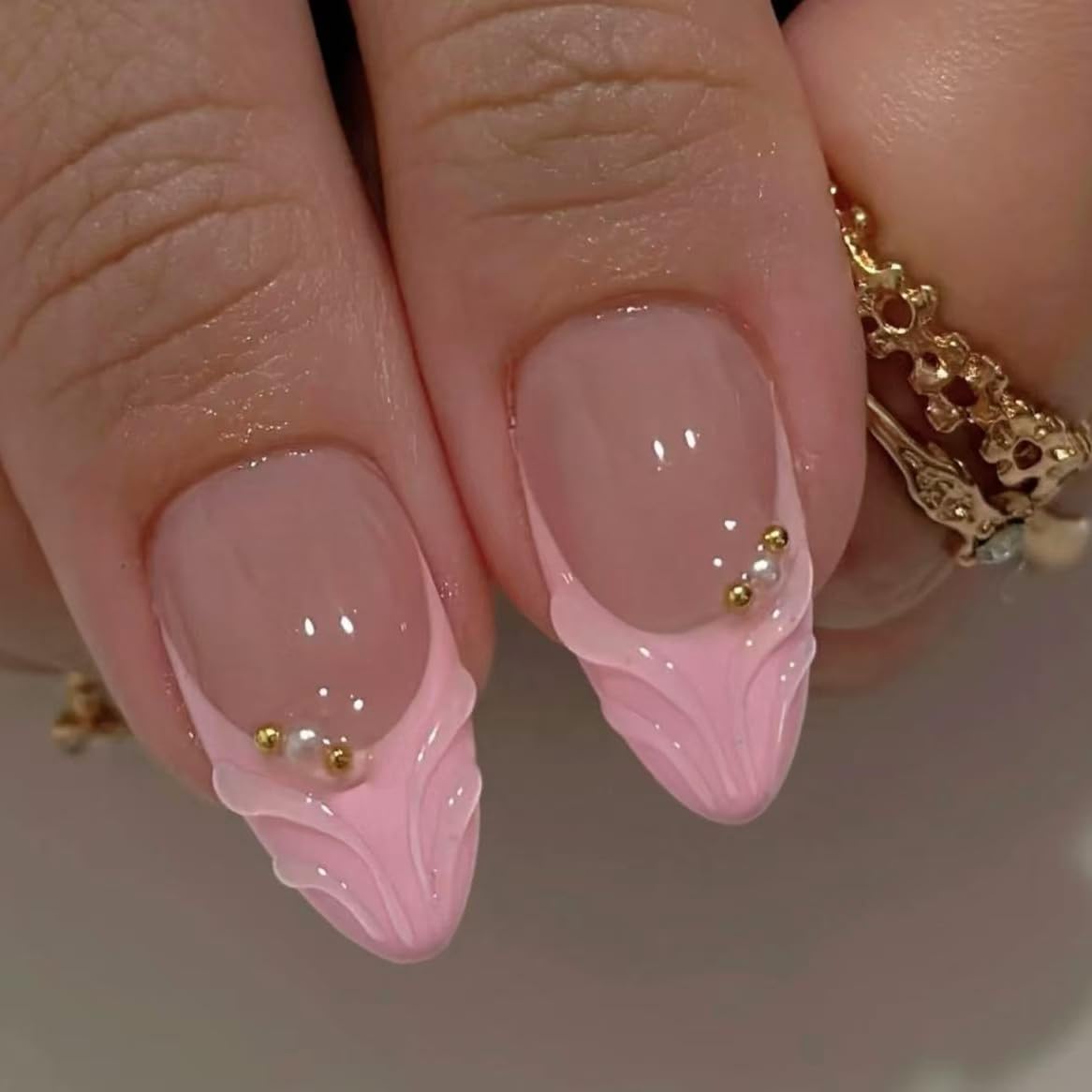 Handmade French Tip Press on Nail Almond Fake ons with Designs Chrome False Nails Long Glossy Full Cover Glue on Nails Stick Women Nails Manicure Decoration 10Pcs (MT-169-M)