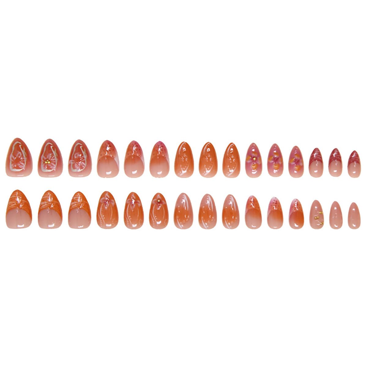 24Pcs Handmade Press on Nails Medium French Tip Fake Nails Almond Shaped 3D Flower Hibiscus with Gold Beads Glitter Design Glue on Nails Spring Summer False Nails for Women Girls Acrylic Manicure