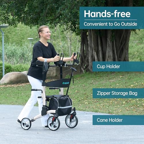 ELENKER Upright Walker, Stand Up Folding Rollator Walker with 10” Front Wheels Backrest Seat and Padded Armrests for Seniors and Adults, Silver