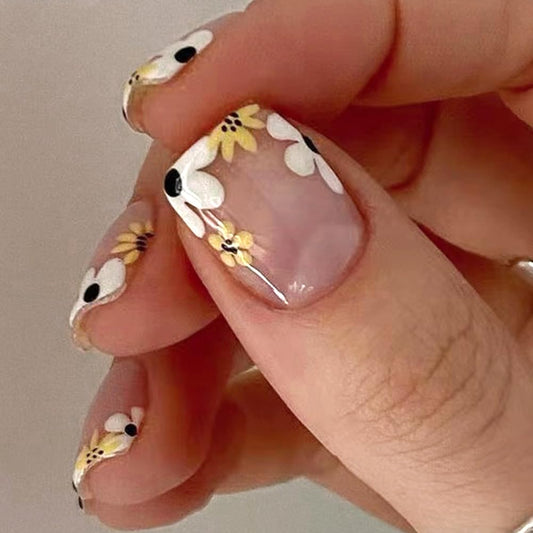 Press On Nails Short, Acrylic Nails Press on, Short Square Press on Nails Fake Nails Glossy False Nails with Flowers French Tip Nails Press ons Designs Artificial Nails Stick on Nails for Women 24Pcs
