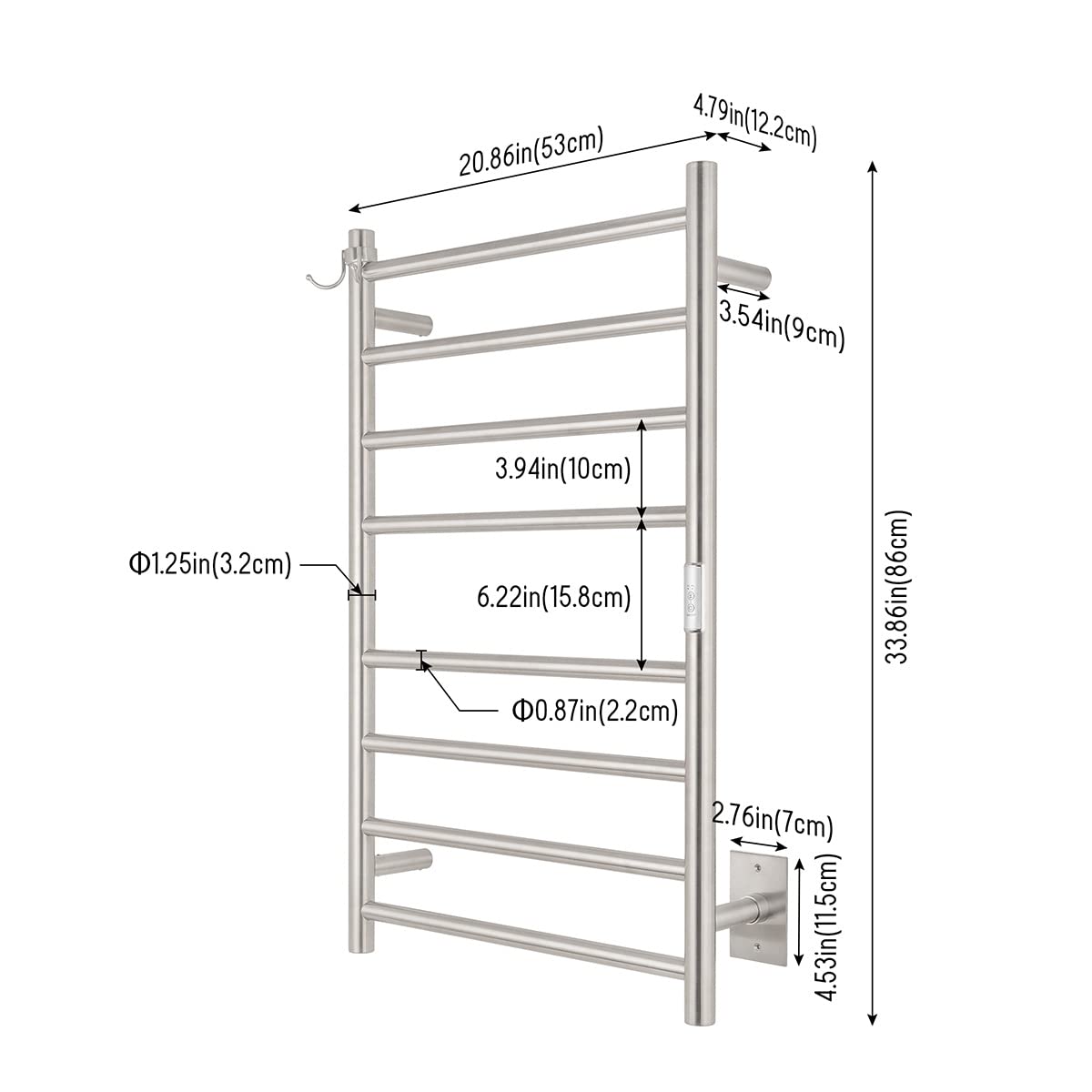NORTTA Wall Mounted Towel Warmer 8 Bars with Plug-in and Hardwired Options 3 Working Modes Brushed Stainless Steel 21” W 34” H