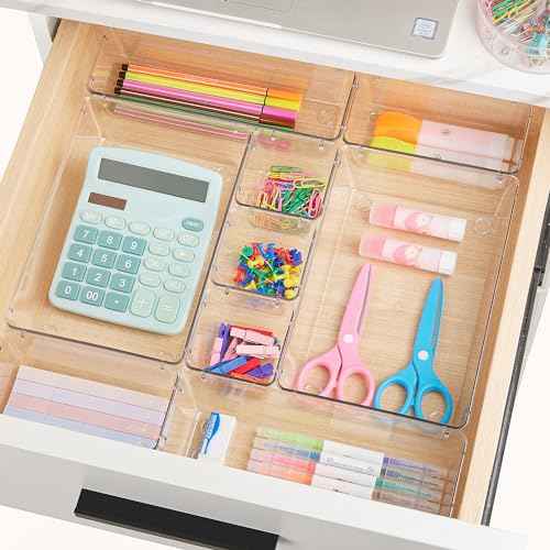 Vtopmart 72 PCS Clear Plastic Drawer Organizers Set, 4-Size Versatile Bathroom and Vanity Organizer Trays, Non-Slip Storage Containers for Makeup, Jewelries, Bedroom£¬Kitchen Utensils and Office