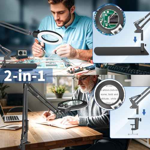 12X Magnifying Glass with Light, 2025 New Upgrade Infinite Color and Stepless Dimming Desk Large Lamp & Clamp, 2-in-1 LED Hands Free Lighted Magnifier Stand for Crafting Hobby Soldering Reading