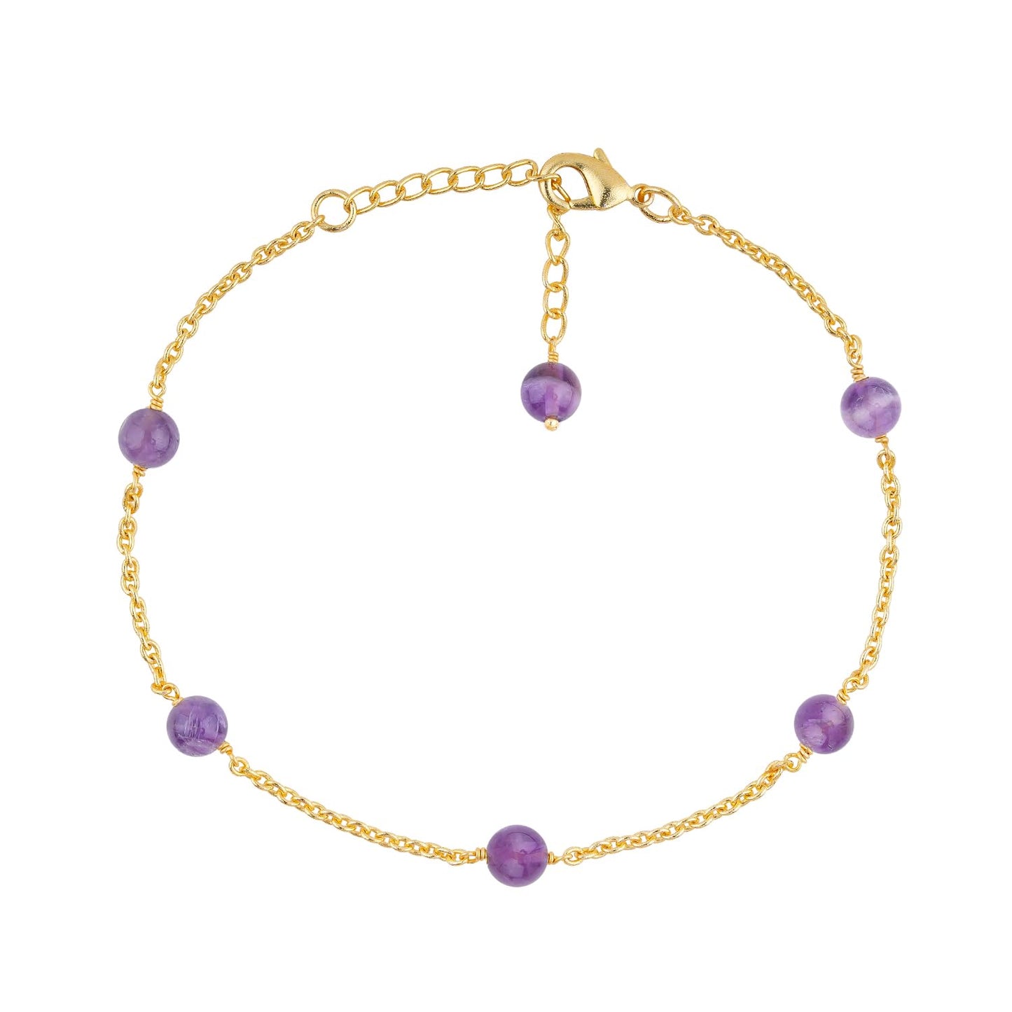 Jewel of Rocks Amethyst Beaded Anklet Bracelet, Handmade Craft, Beads, Chakra Healing, Gemstone Women Jewelry, Hypoallergenic Gold Plated Brass 9 inch + 1.5 inch (1pcs)