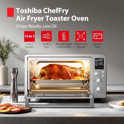 TOSHIBA ChefFry Air Fryer Toaster Oven Combo with Toast, Bake, Broil, Pizza & Dehydrate, 26.4-Quart Capacity, Stainless Steel