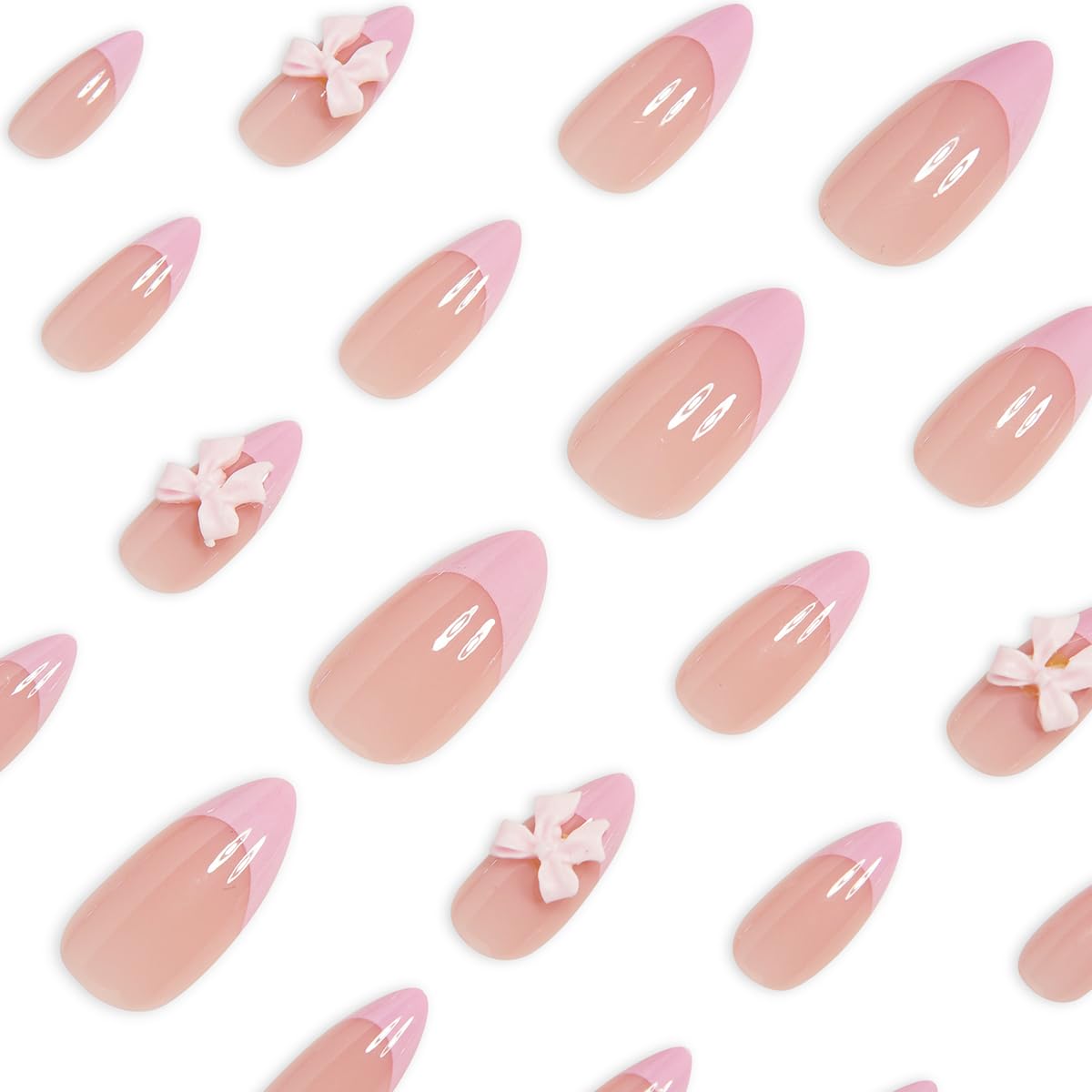 24Pcs Pink French Tip Press on Nails Short Almond Fake Nails with 3D Bow Gems Design Pink Glue on Nails Glossy Full Cover Cute False Nails French Tip Artificial Acrylic Nails Decoration for Women DIY