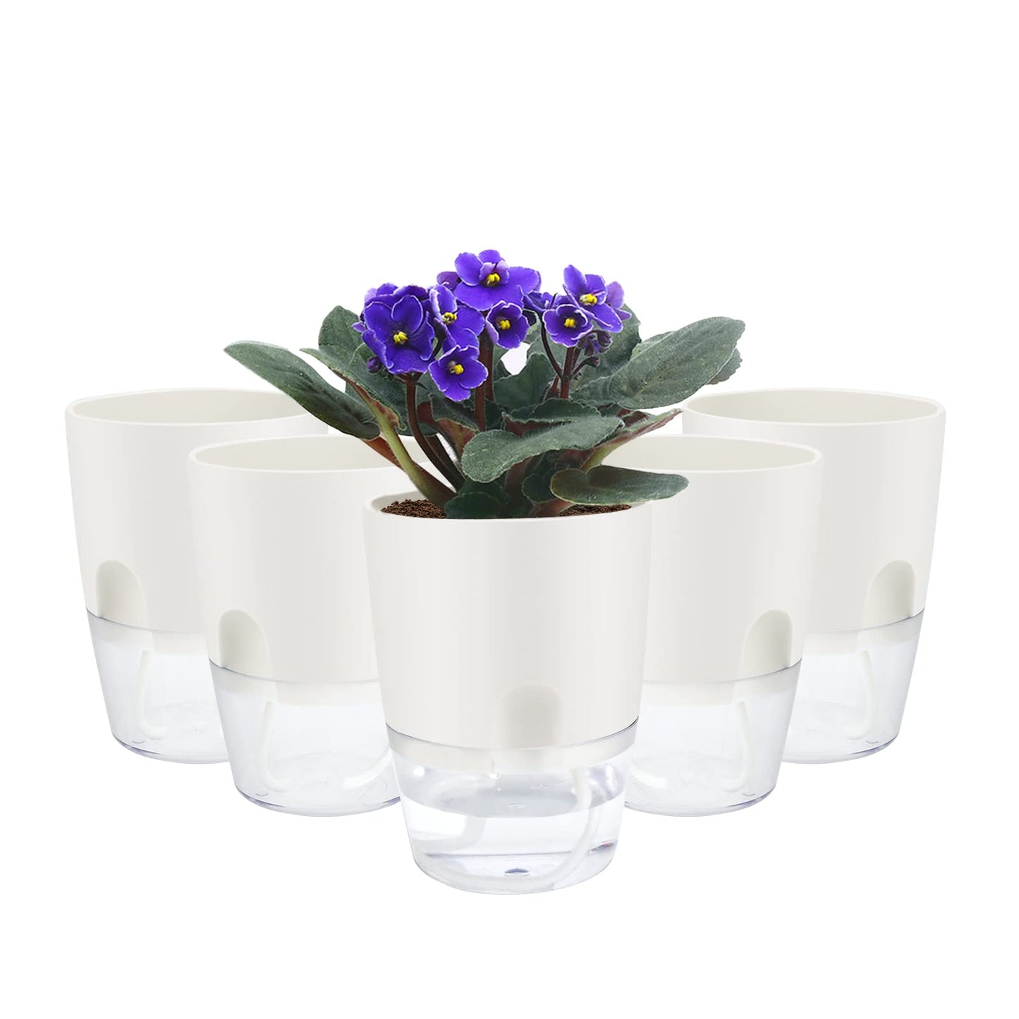 ShineMe Self Watering Pots, 5 Pack Self Watering Planters for Indoor Plants, 4.1 inch Plastic Plant and Flower Pots for African Violets, Herbs, Aloe, Peace Lily with Absorbent Cotton Rope