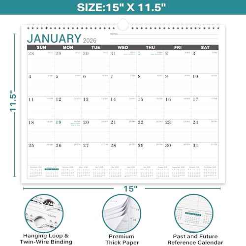 2026 Wall Calendar - 2026 Calendar Wall from Jan. 2026 to Dec. 2026, Monthly Calendar with Large Ruled Blocks and Julian Dates, Calendars for Easy Planning, 11.5''x14.75''