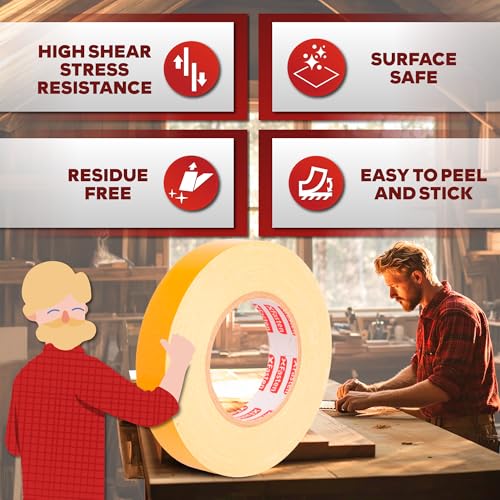 XFasten Double Sided Woodworking Tape 1 inch x 36 Yards 3-Pack 324ft 1-inch Core No Residue Woodworking Double Sided Tape Heavy Duty Wood-safe Wood Glue Tape for Router Templates for Woodworking Tools