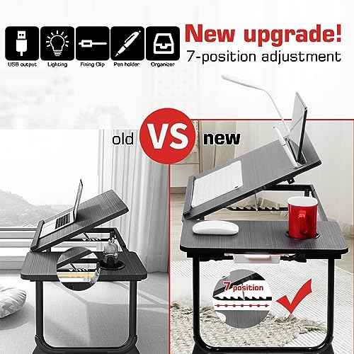 CloudTrip Plus XL Adjustable Laptop Desk with Light, USB Port, iPad Holder, Drawer Storage - Larger 23.6IN Adjustable Lap Desk for Bed, Home Office, Breakfast Tray, Fordable Legs Desk (Black)
