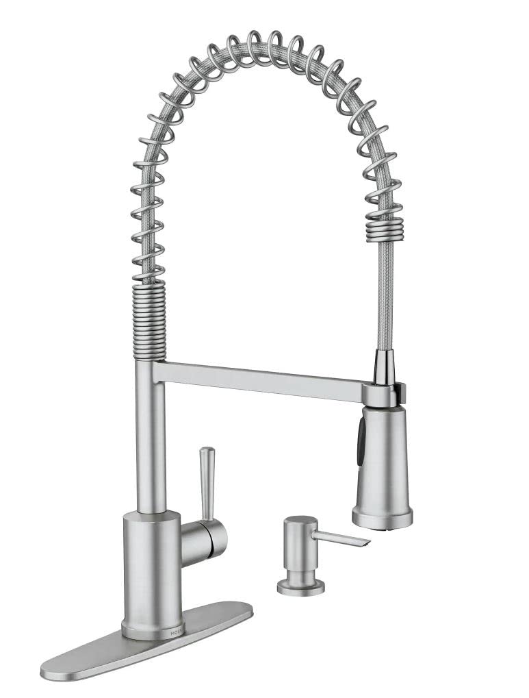 Moen 87194SRS Indi Single-Handle Pre-Rinse Spring Pulldown Sprayer Kitchen Faucet with Power Clean in Spot Resist Stainless (Soap Dispenser and Deck Plate Included)