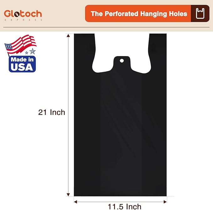 Glotoch Plastic T-shirt Bags (500 Count) Black (Plain), 11.5" x 6.5" x 21" Grocery Bags with Handles for Restaurant, Retail, Grocery Store, Takeout, Convenience, Trash, Shopping Bag Small Business