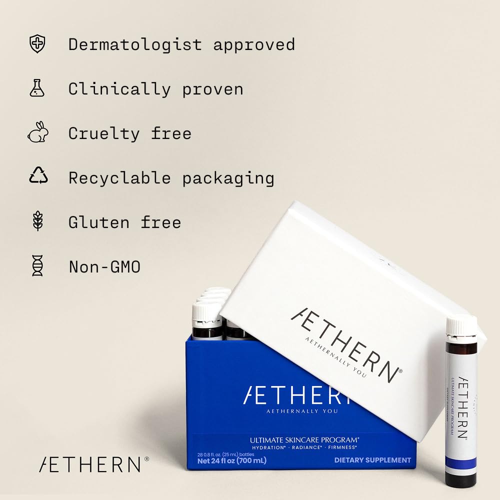 AETHERN Liquid Skin Care Supplement with Collagen + Hyaluronic Acid. Ready-to-Drink. Clinically Proven for Glowing, Hydrated, and Firm Derma. UV Protection. 28 Servings. Ultimate Skincare Program