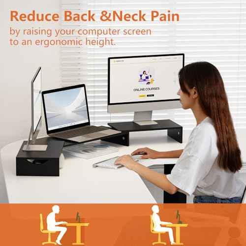 Triple Monitor Stand Riser, Extra Long Monitor Riser for 1~2~3 Monitors, Dual Monitor Stand with Length and Angle Adjustable, 3 Shelf Monitor Stand for Desk