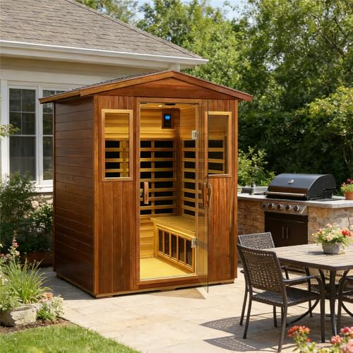 Kanlanth Outdoor Sauna 4 Person Low EMF Far Infrared Sauna for Home, 2050W Mahogany Wooden Sauna Room for Outdoor Indoor Home, with Blue-Tooth, LCD, LED