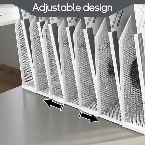 Adjustable Desk File Organizer,Detachable Office Folder Organizer,Compact Vertical Desk File Holder,Wrought Iron Paint,Suitable for Home, School, Office Classrooms (White - 7 grids)